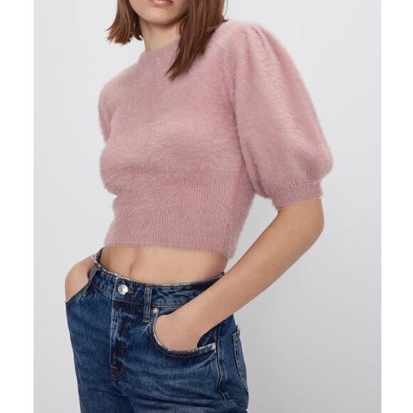 Zara Fuzzy Rose Faux Fur Knit Sweater Puff Sleeve Cropped Pullover Jumper Top - Picture 9 of 9